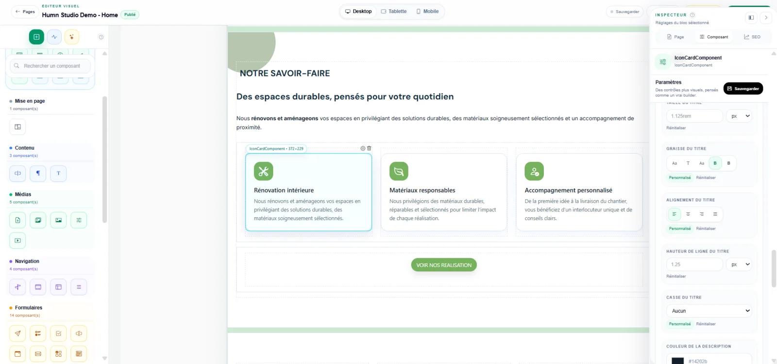 Éditeur visuel HUMN Studio avec la bibliothèque de composants, une page en cours de création et son panneau de réglages